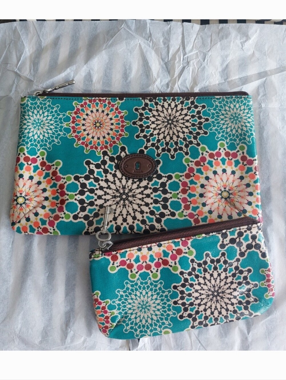 Fossil Key-Per Zip Pouch Set /Wristlet Cosmetic Bag Vintage